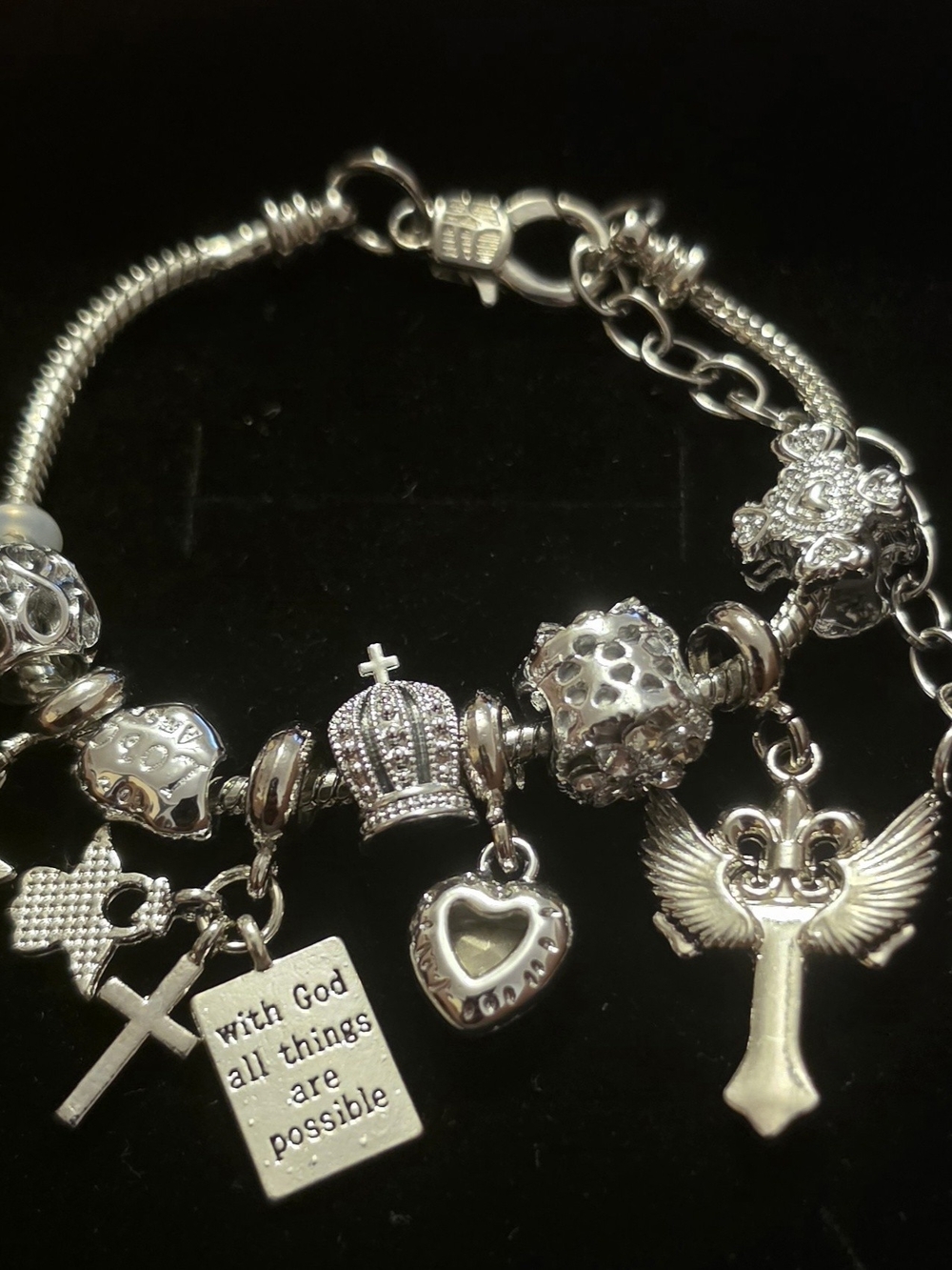 Silver Charm Bracelet with Crown, Heart & Religious Charms